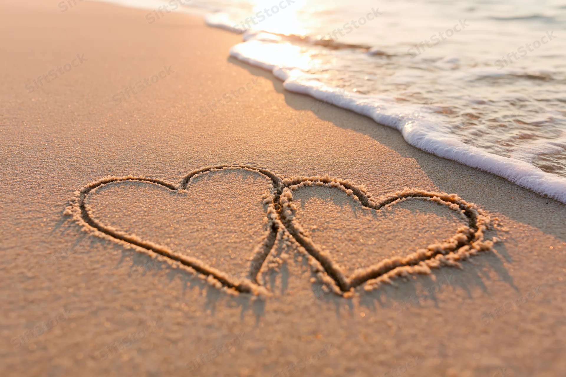 Two interlocking hearts drawn in wet sand at the beach with waves approaching during sunset