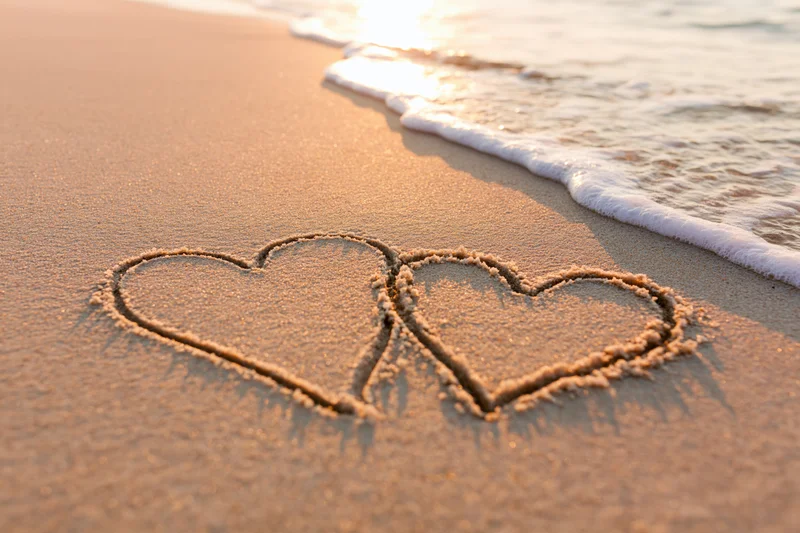 Two interlocking hearts drawn in wet sand at the beach with waves approaching during sunset