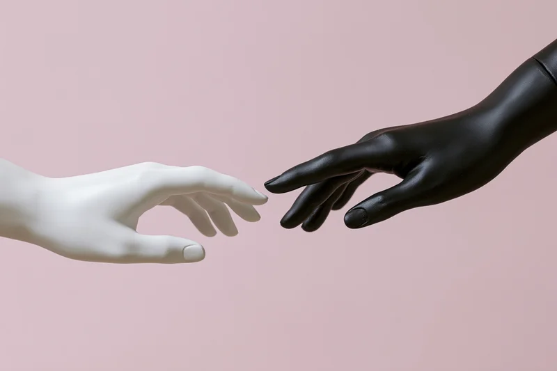 Two mannequin hands reaching toward each other almost touching against a pink background