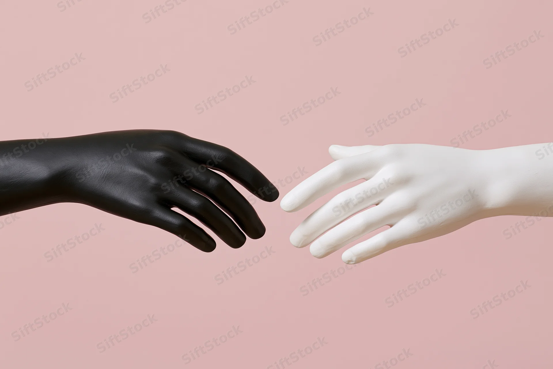 Two mannequin hands reaching toward each other almost touching against a pink background