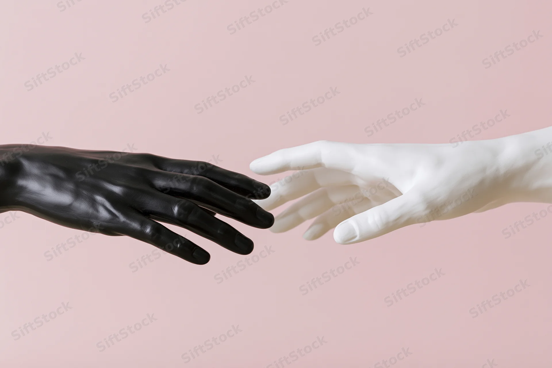 Two mannequin hands reaching toward each other almost touching against a pink background