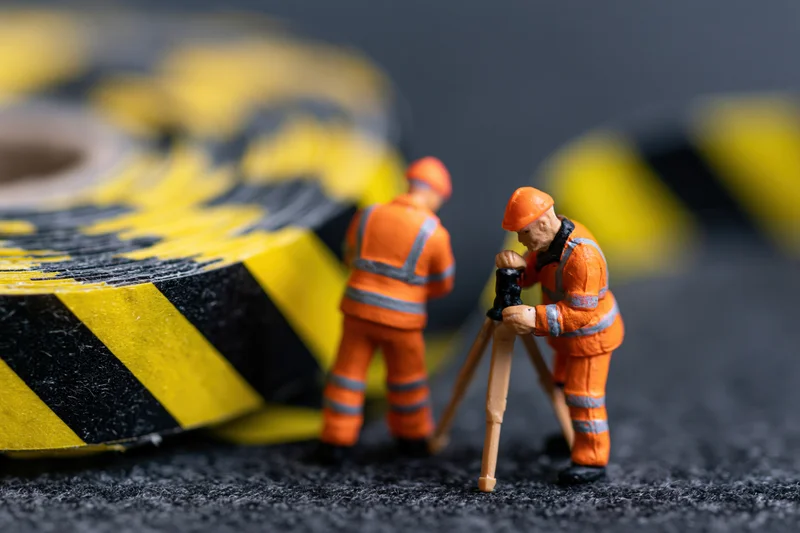 Two miniature construction workers in orange safety gear using a surveying tripod near yellow-black caution tape on dark ground