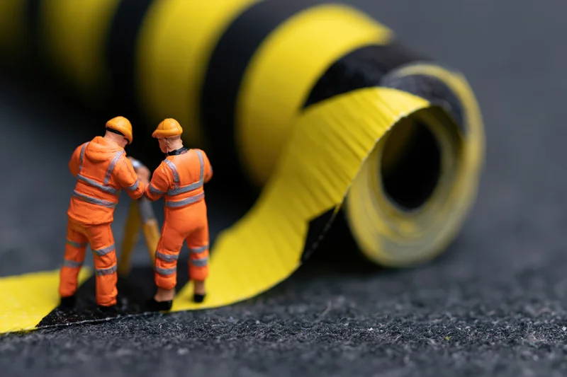 Two miniature construction workers in orange high-visibility suits shaking hands on a dark textured surface beside a coiled yellow-and-black caution tape