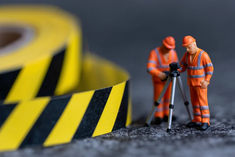 Two miniature construction workers in orange safety gear using a tripod for surveying near yellow and black caution tape on a gravel surface