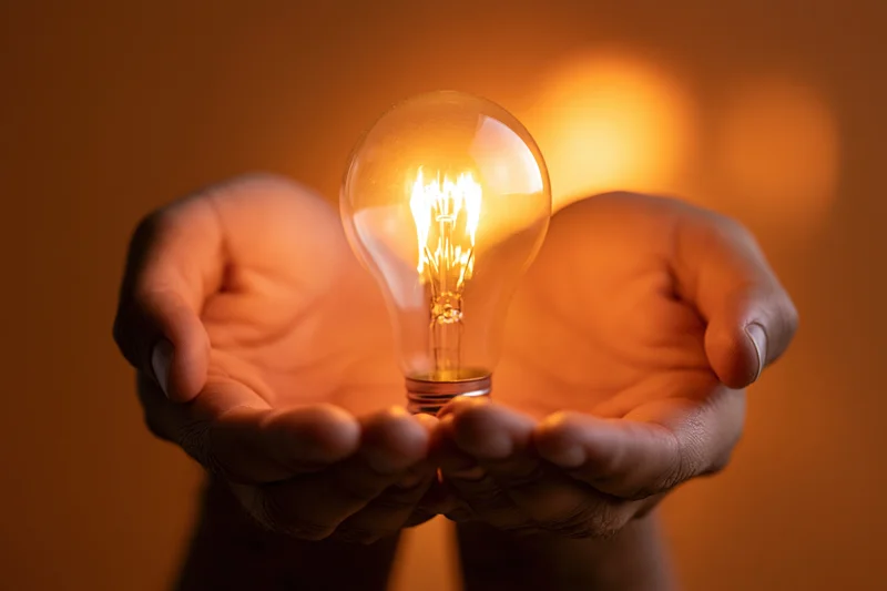 Hands cupping a glowing incandescent light bulb against a warm orange background