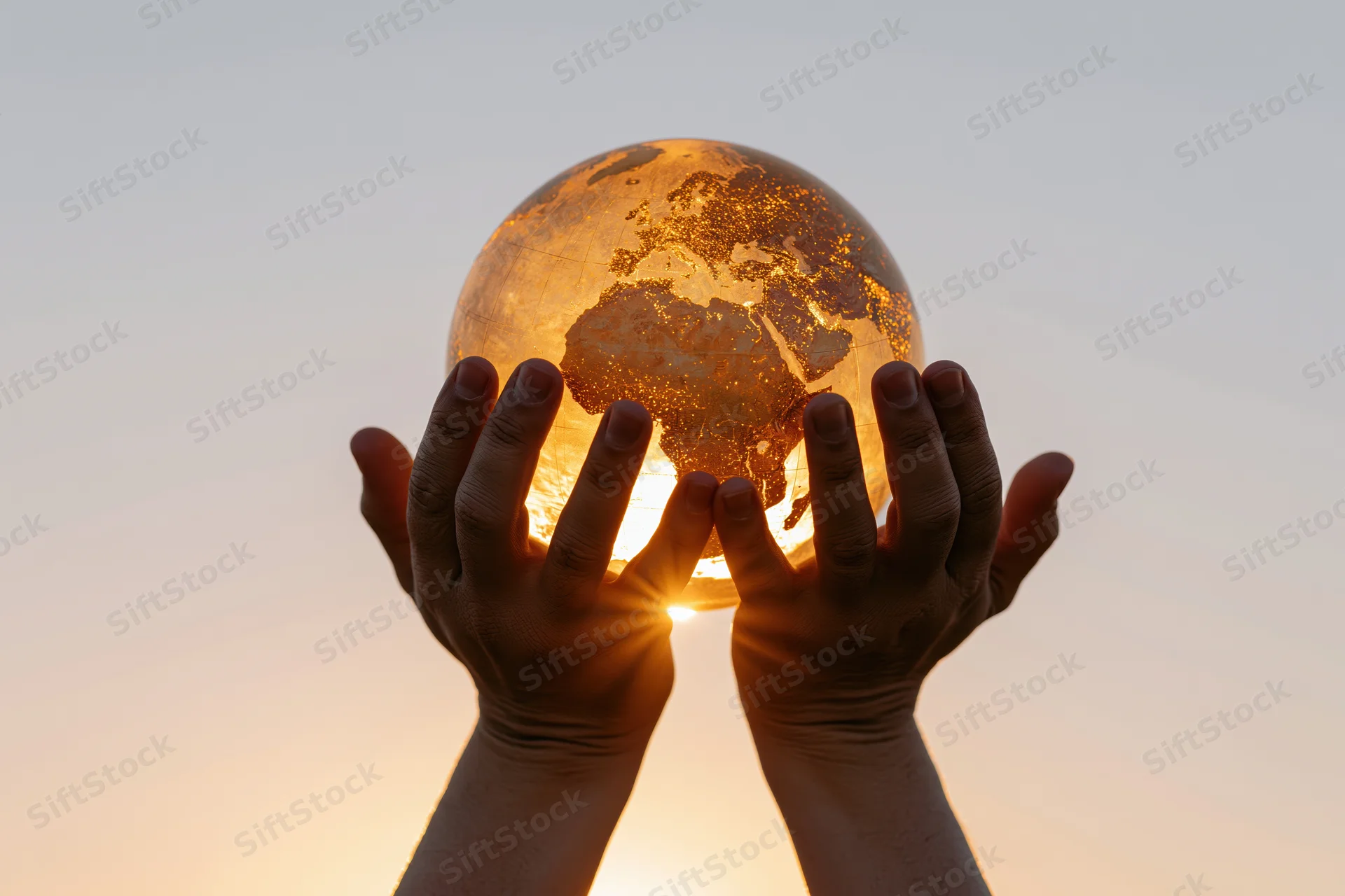 Hands holding a glowing globe against a sunset sky