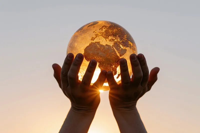 Hands holding a glowing globe against a sunset sky