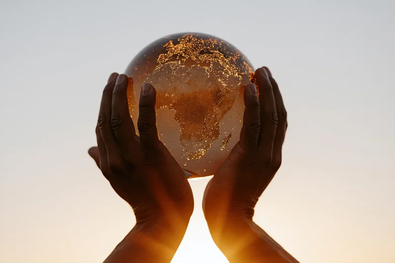 Hands cupping a glowing transparent globe showing earth's continents and city lights at sunset