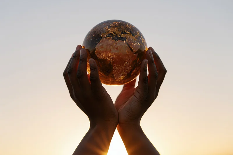 Hands cupping a glowing earth globe against a twilight sky