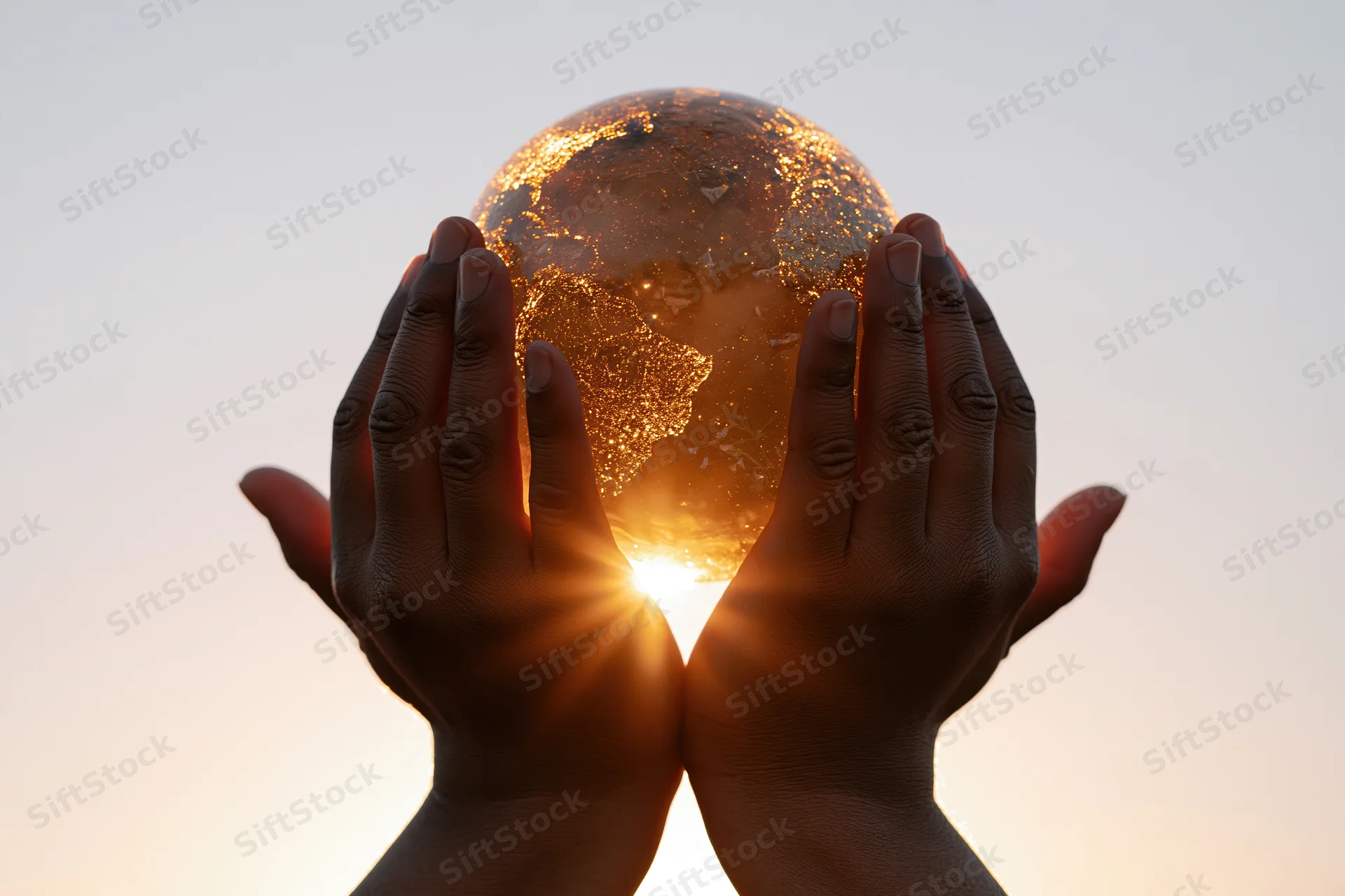 Black hands cupping a glowing earth against a sunrise sky