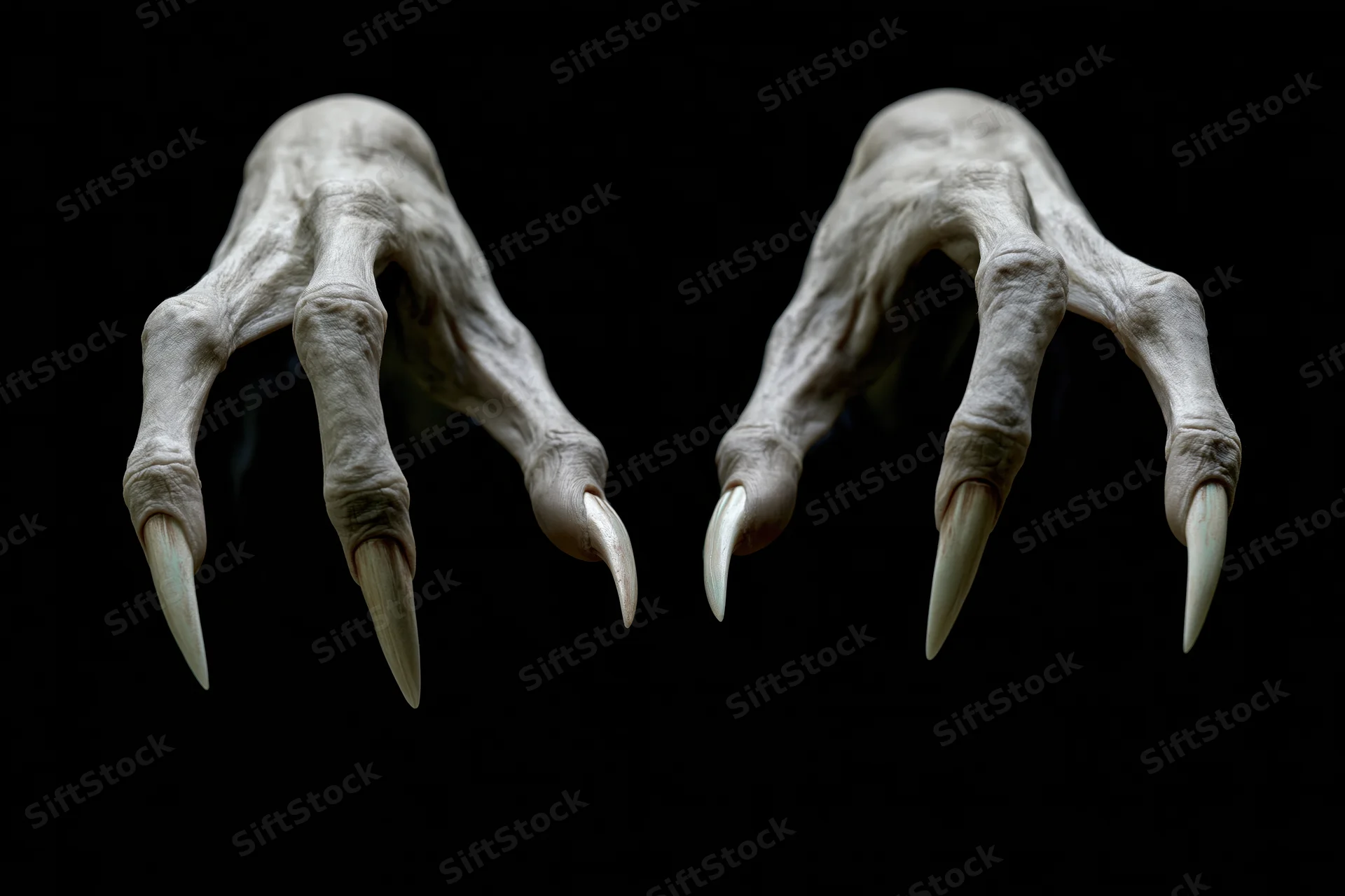 Two pale gray creature hands with long sharp claws reaching forward against black background