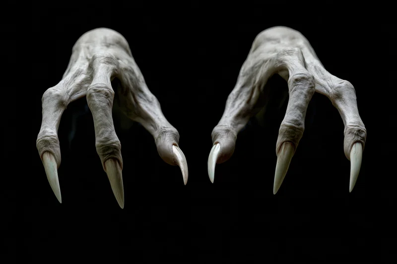 Two pale gray creature hands with long sharp claws reaching forward against black background