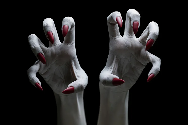 Pale clawed hands with red nails reaching forward against black background