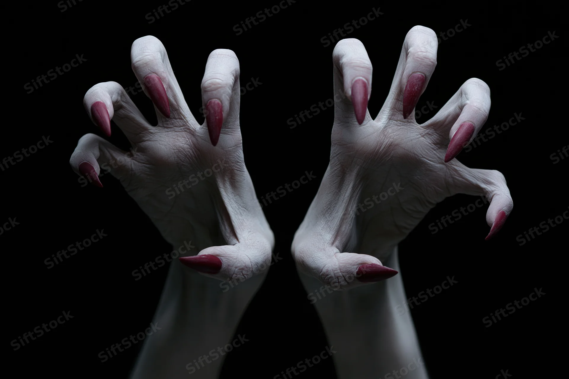 Pale grey clawed hands reaching forward from darkness