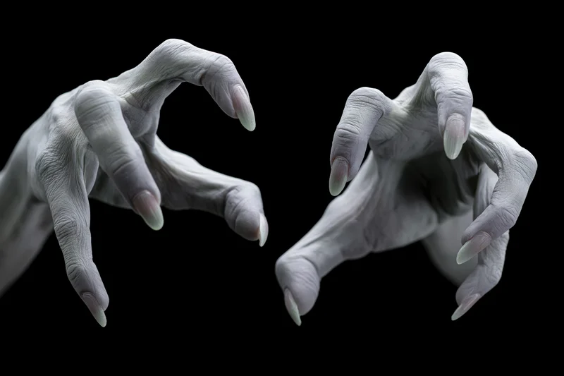 Pale grey clawed hands reaching forward from darkness