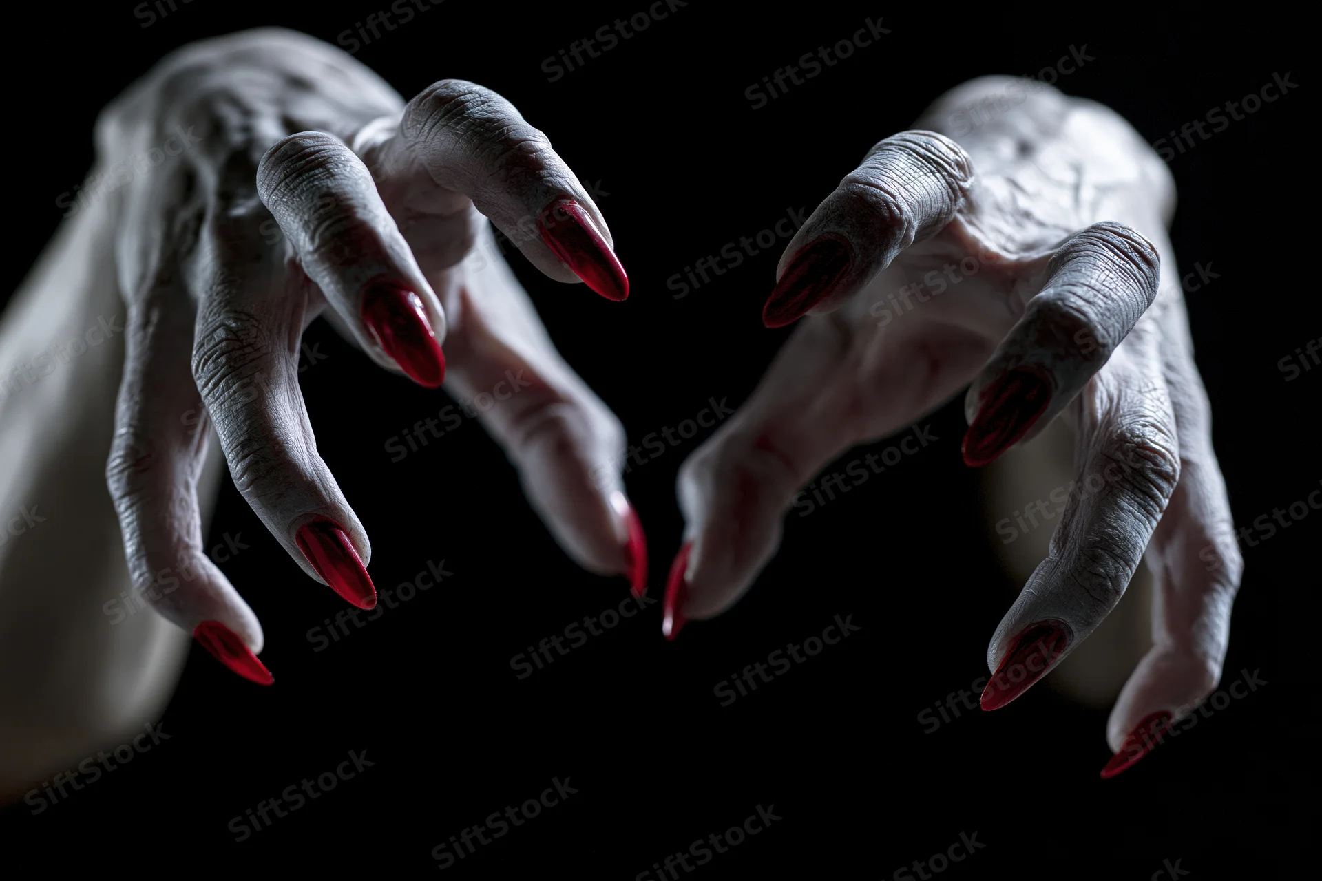 Pale clawed hands with sharp red nails reaching forward against black background