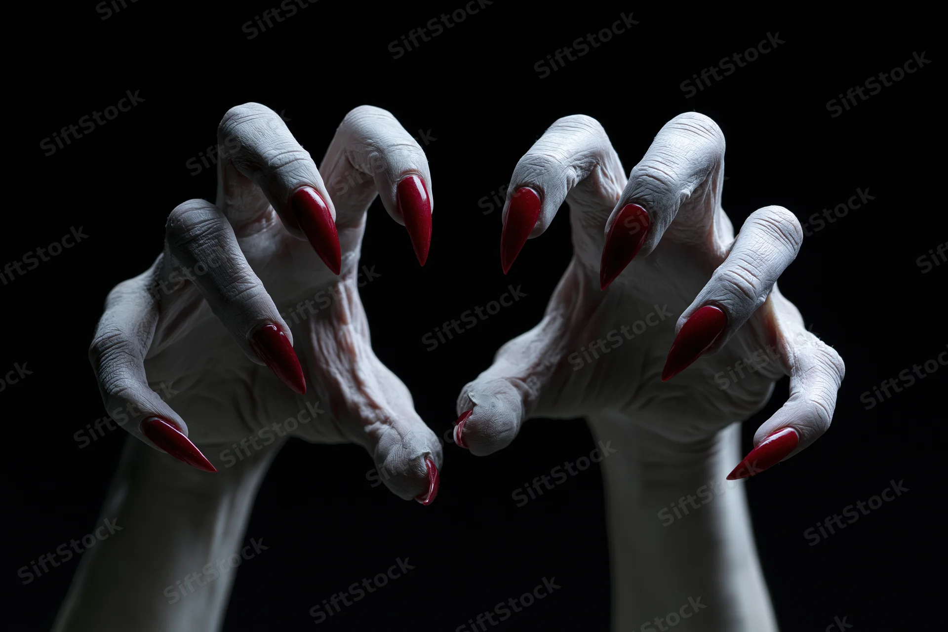 Pale hands with sharp red claws reaching forward against black background