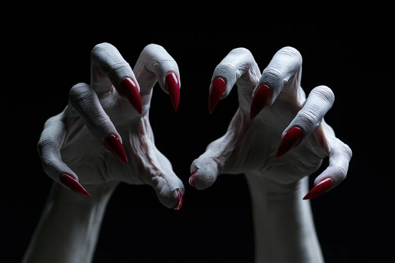 Pale hands with sharp red claws reaching forward against black background
