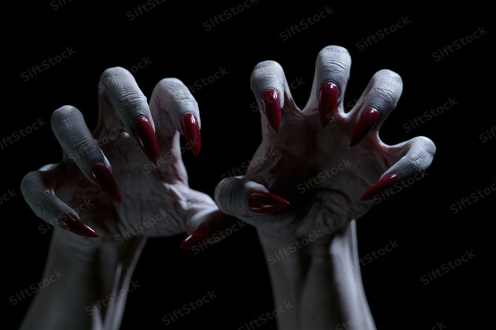 Pale grey hands with long red claws reaching forward against black background