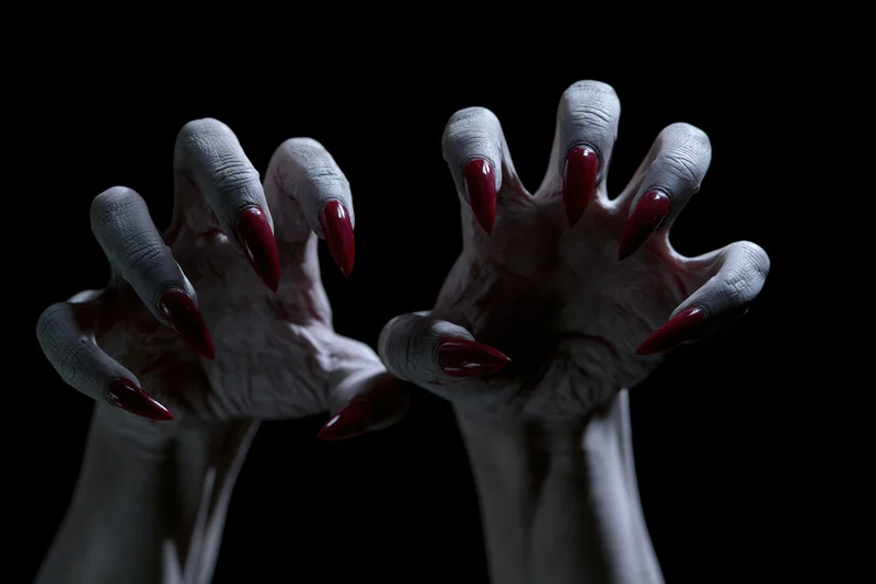 Pale grey hands with long red claws reaching forward against black background