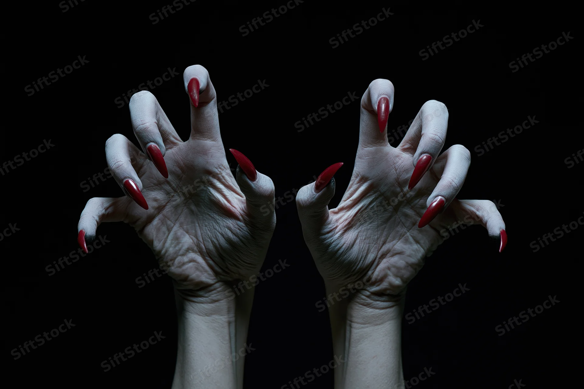 Pale hands with long red claws raised against black background
