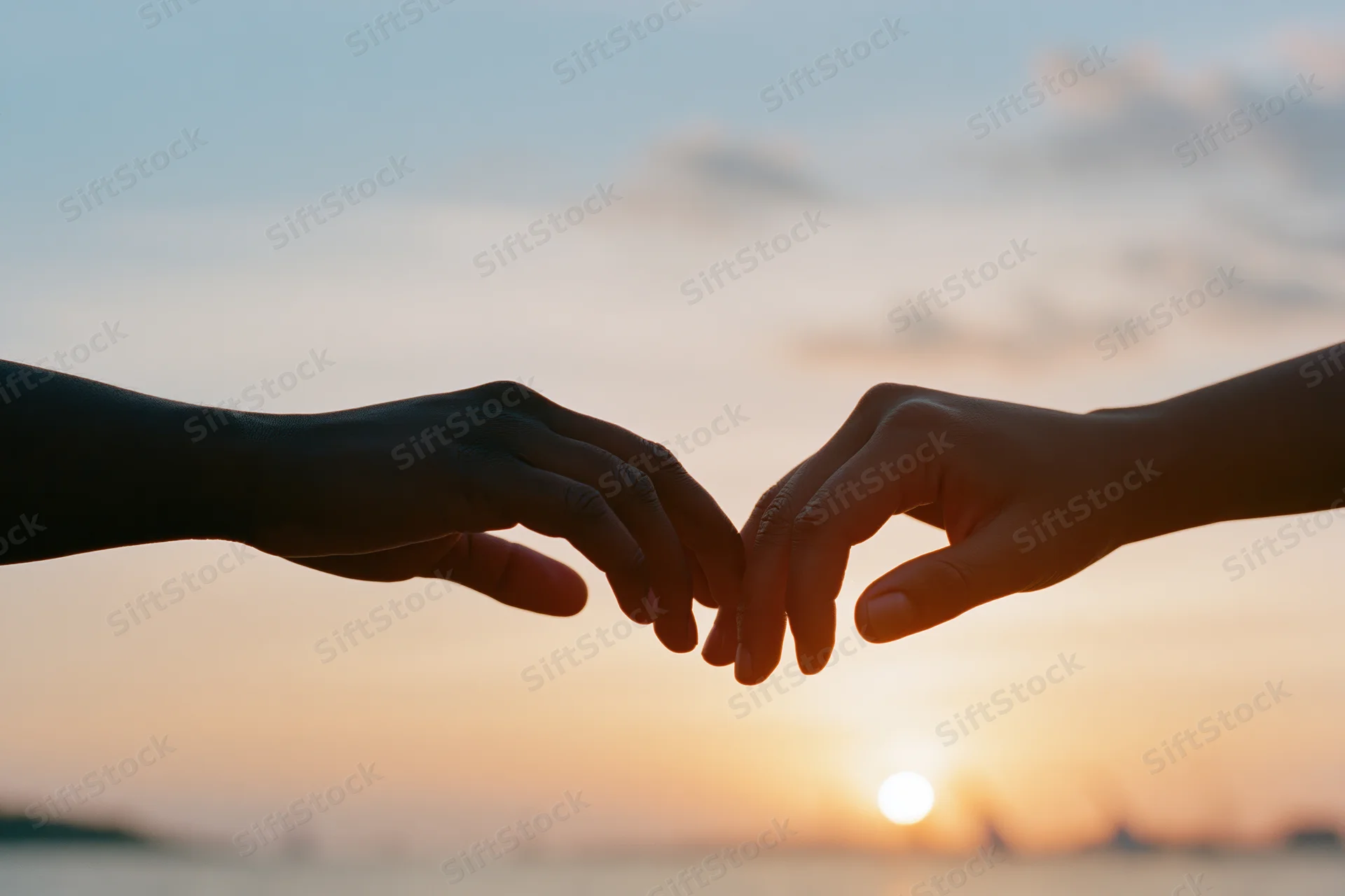 Two hands reaching toward each other in silhouette against a sunset sky