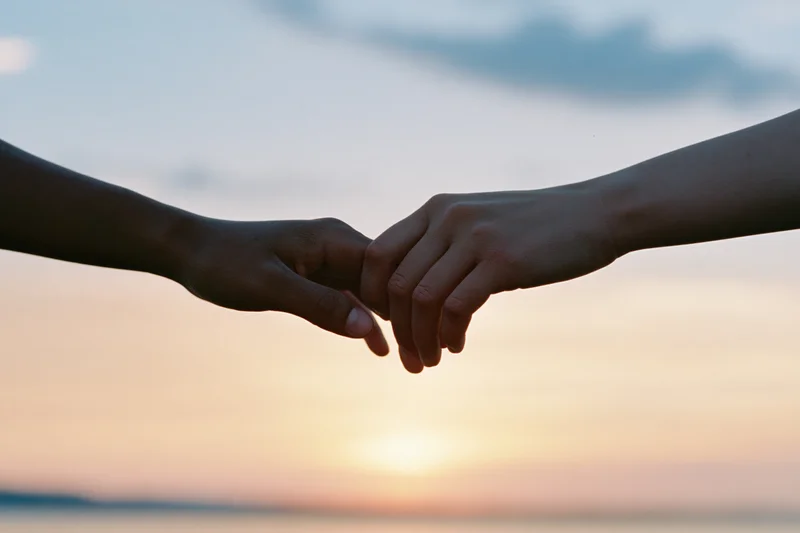 Two people holding hands in silhouette against a sunset sky