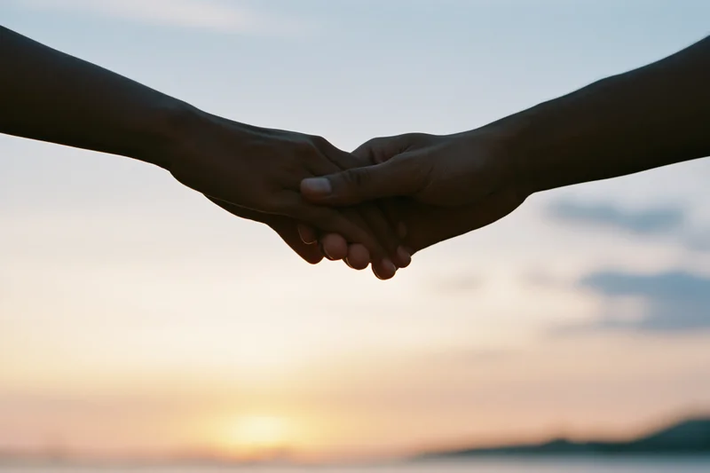 Two people holding hands in silhouette against a sunset sky