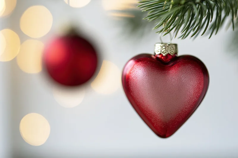 Red heart-shaped glass ornament hanging from a pine branch with blurred lights in the background