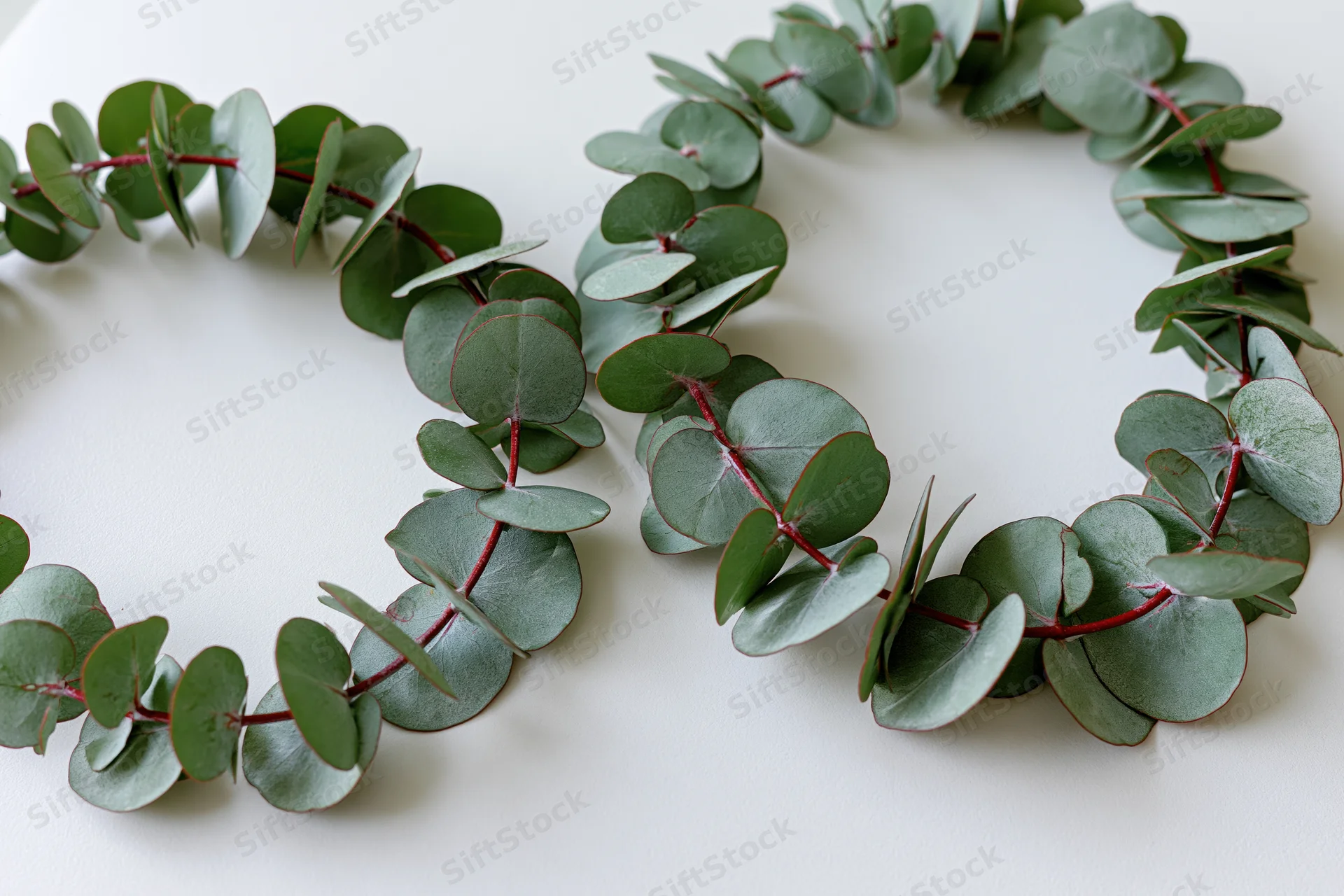 Two silver dollar eucalyptus branches arranged in an oval wreath on a white surface