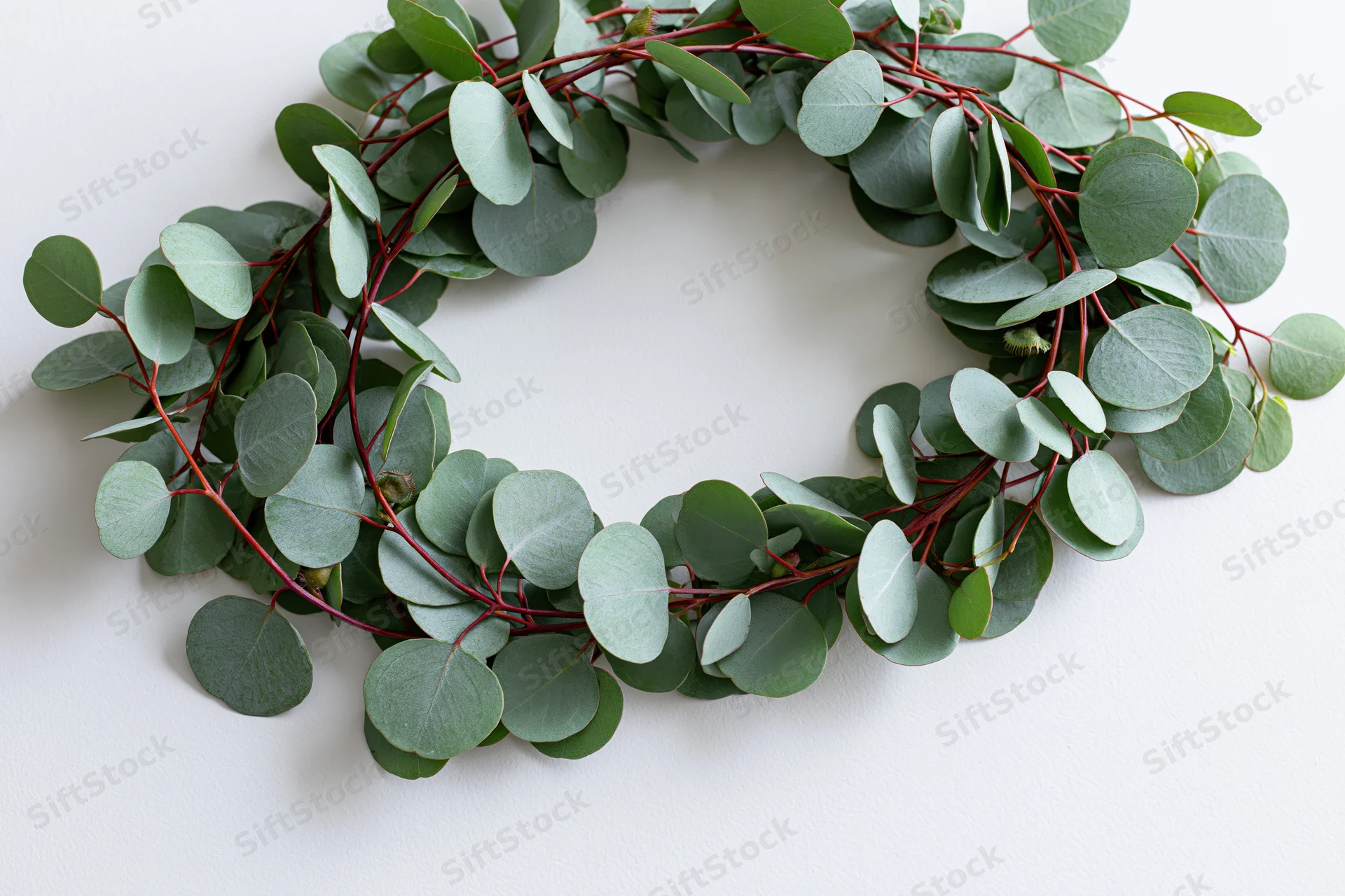 Oval wreath made of silver dollar eucalyptus branches on white surface