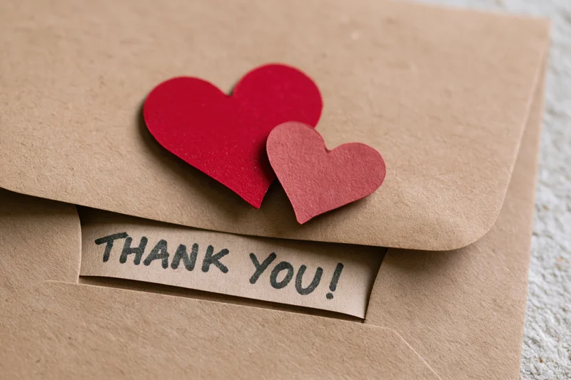 Brown envelope with red paper hearts and thank you note peeking out