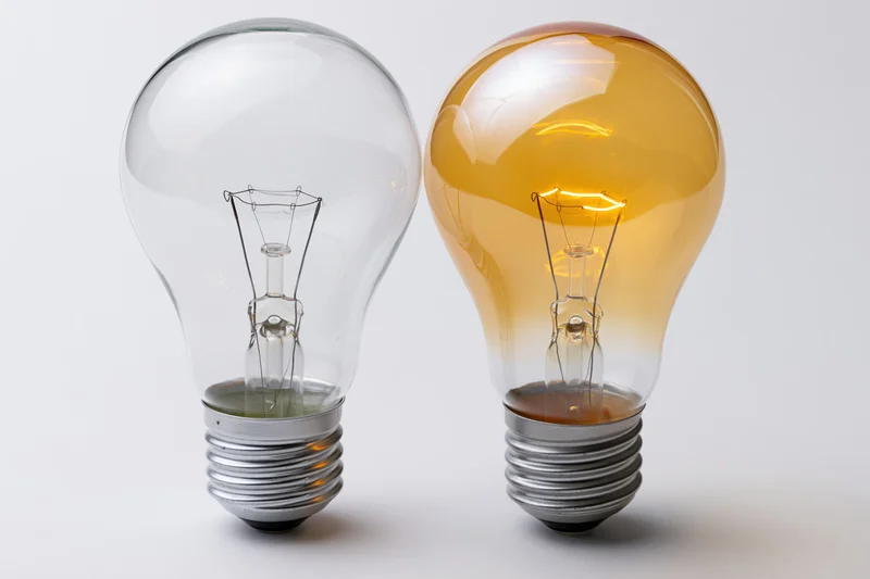Two incandescent light bulbs side by side, one lit and one unlit, on a white surface