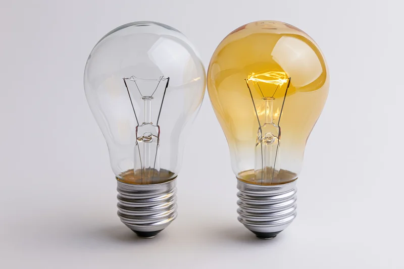 Two incandescent light bulbs side by side, one lit and one unlit, on a plain white surface