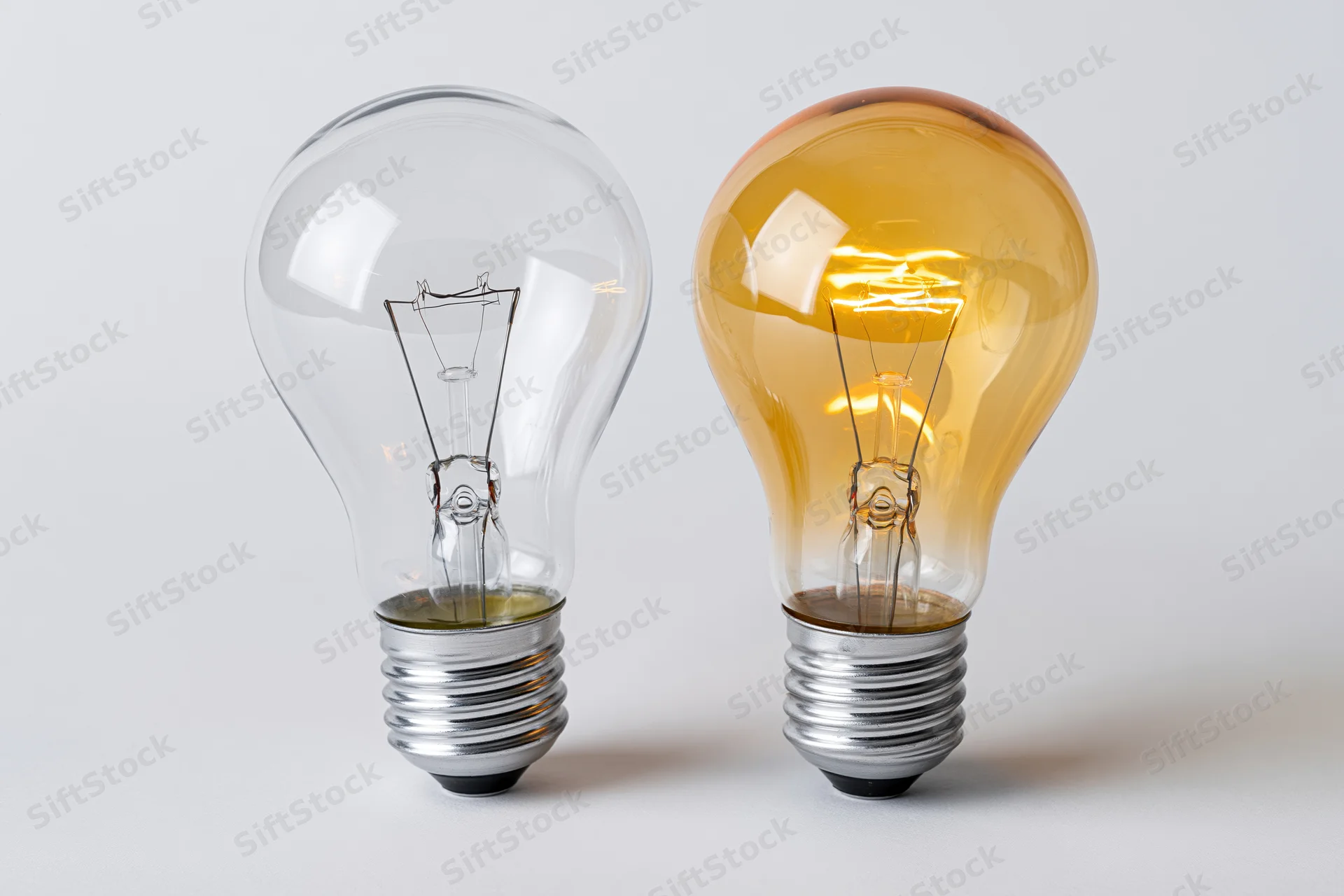 Two incandescent light bulbs side by side on a white surface, one clear and one amber, both with visible filaments and metal screw bases