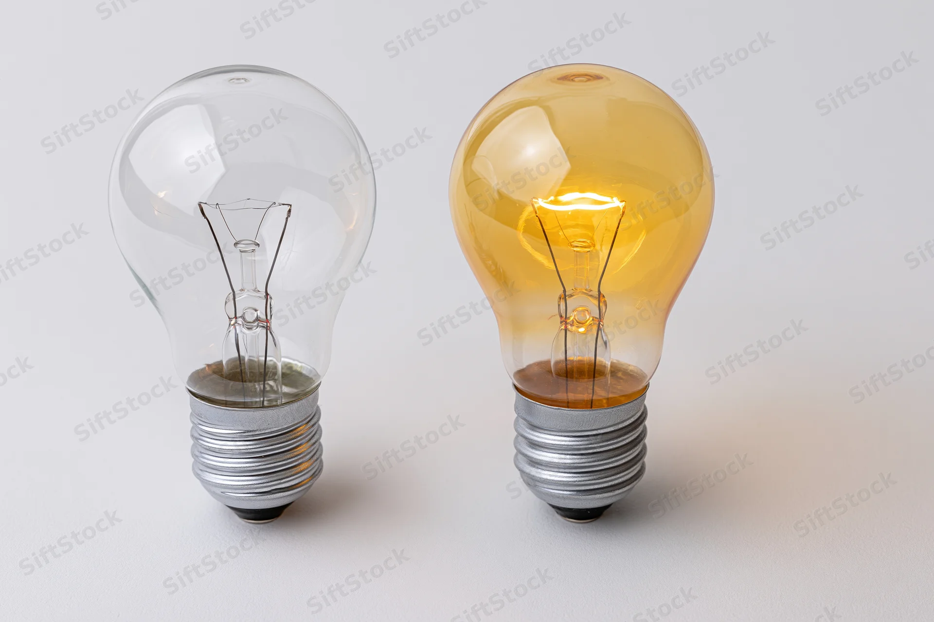 Two incandescent light bulbs side by side on a white surface, one lit and one unlit