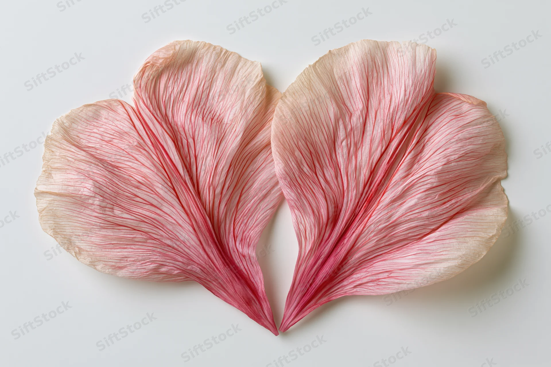 Two translucent pink flower petals arranged to form a heart shape on a white surface