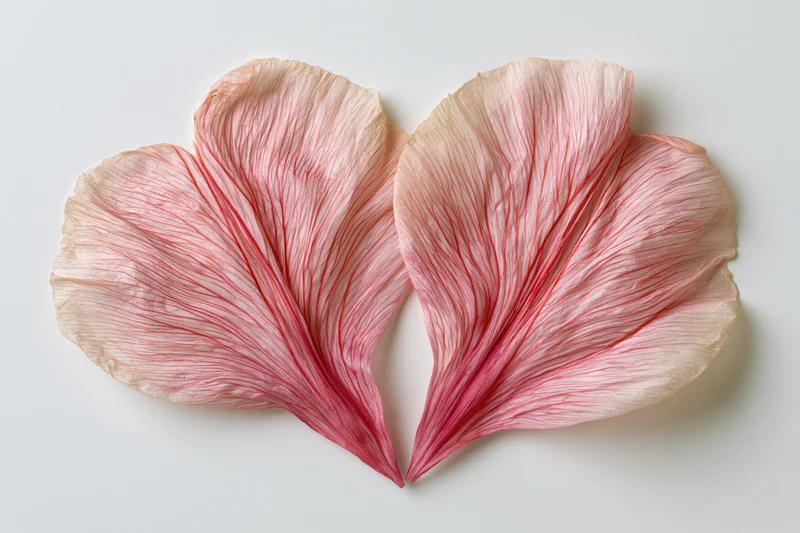 Two translucent pink flower petals arranged to form a heart shape on a white surface