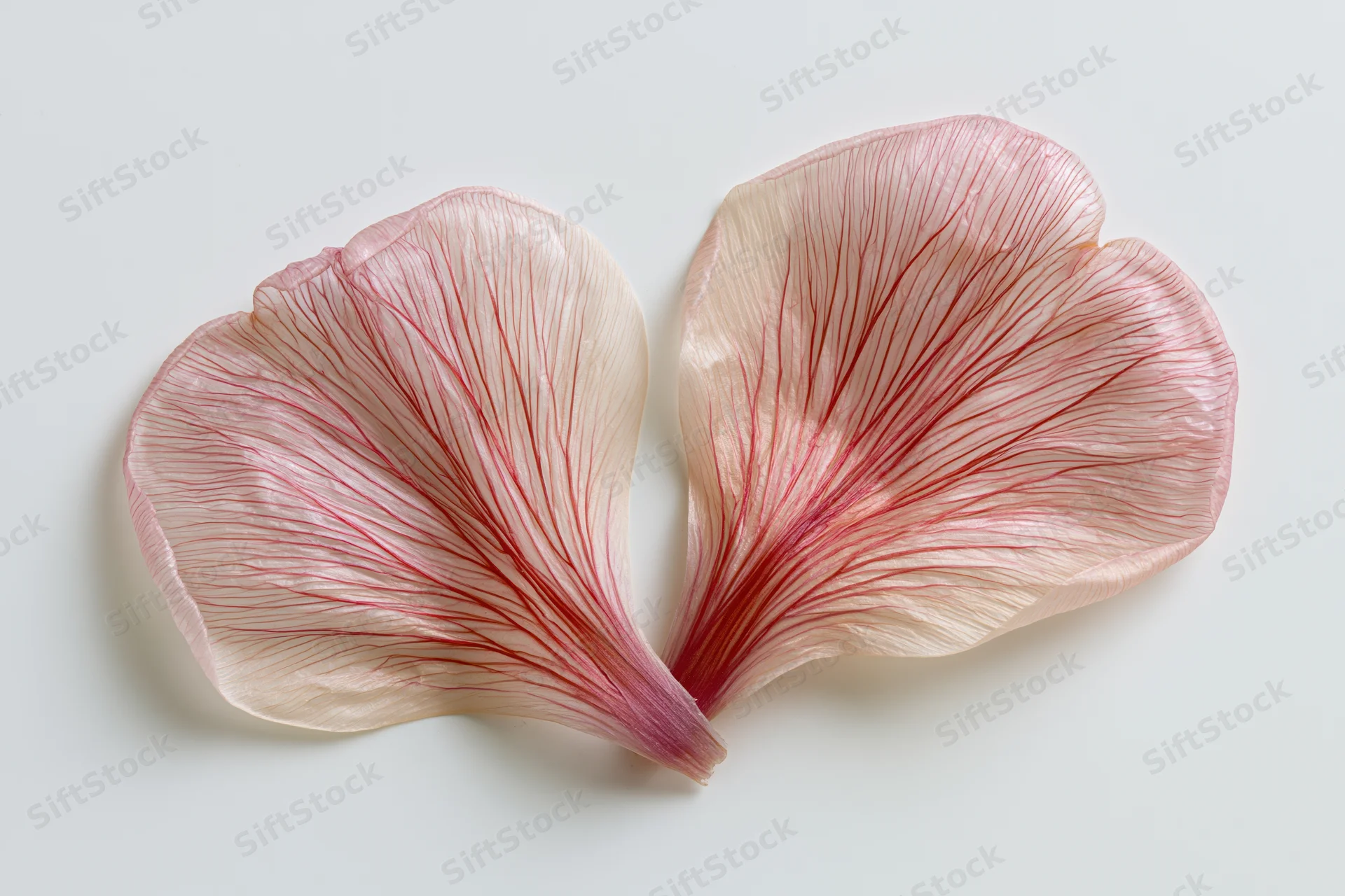 Two translucent pink flower petals arranged in heart shape on white background