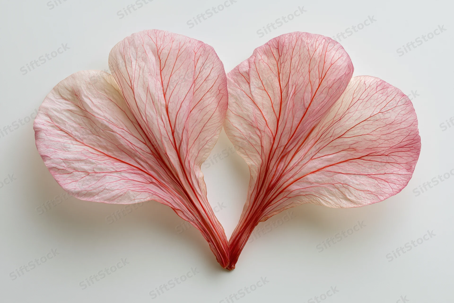 Two translucent pink flower petals arranged in heart shape on white background