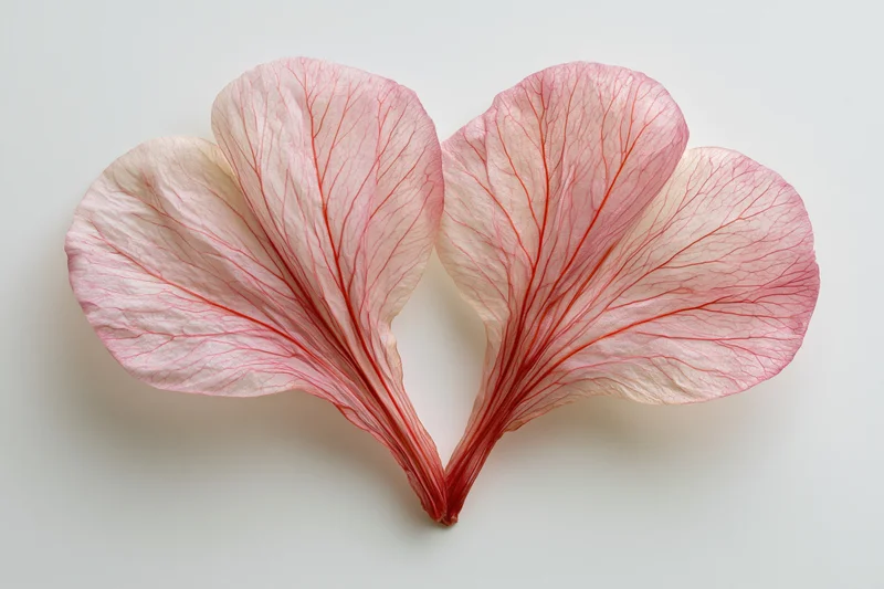 Two translucent pink flower petals arranged in heart shape on white background