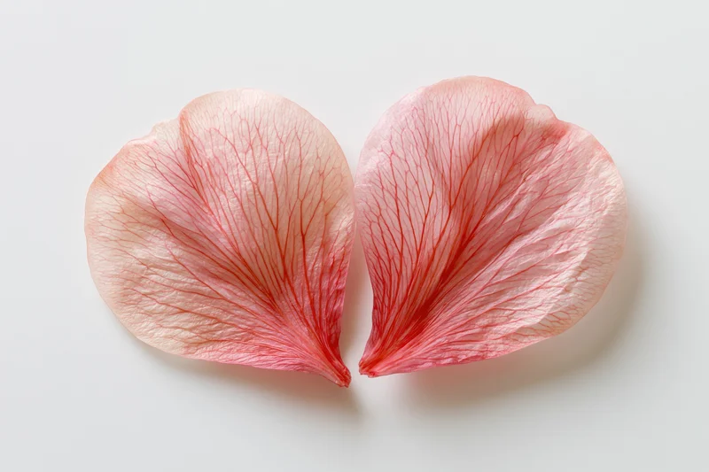 Two translucent pink flower petals arranged to form a heart shape on a white surface