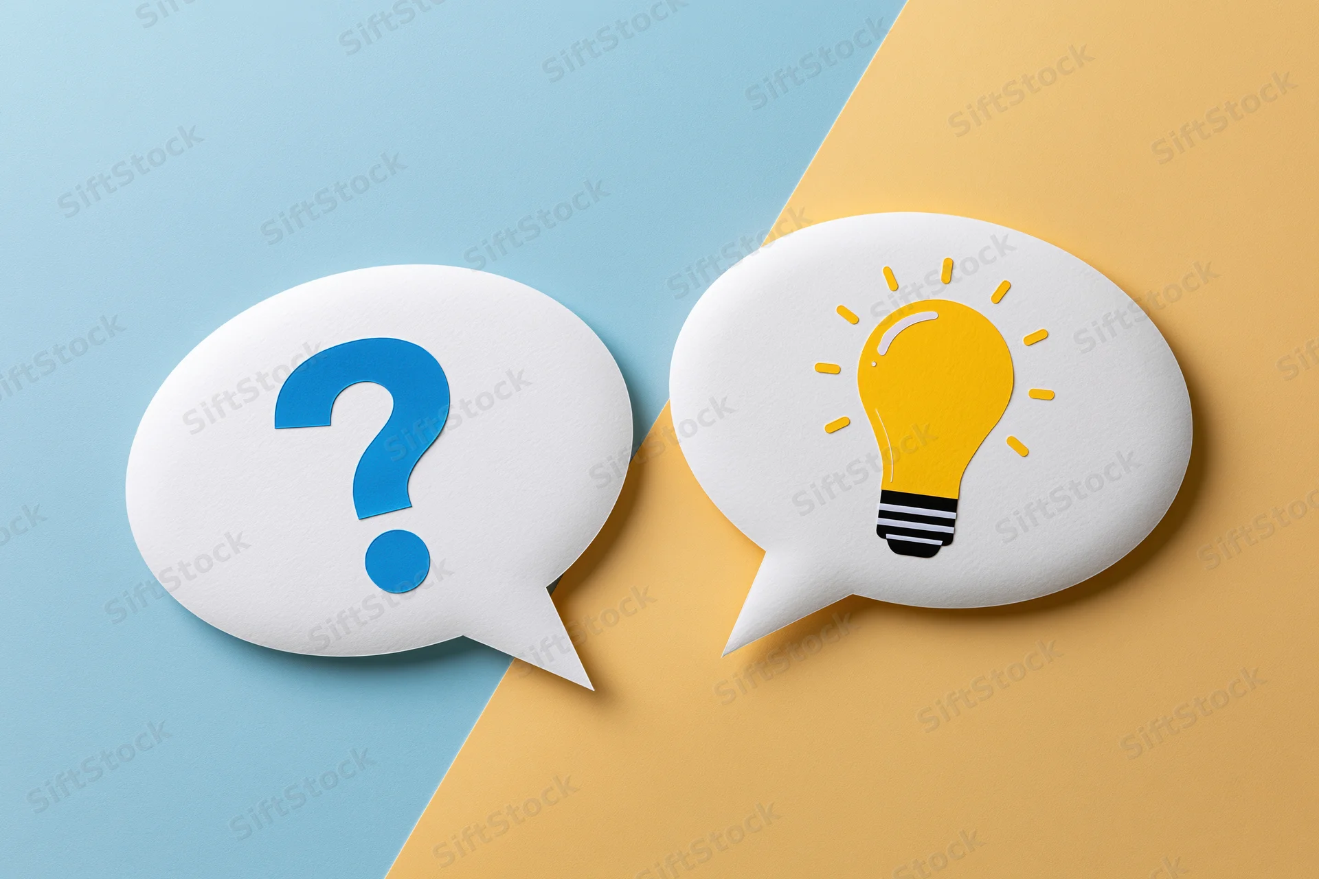Two white speech bubbles with a blue question mark and a yellow lightbulb on a split blue and yellow background