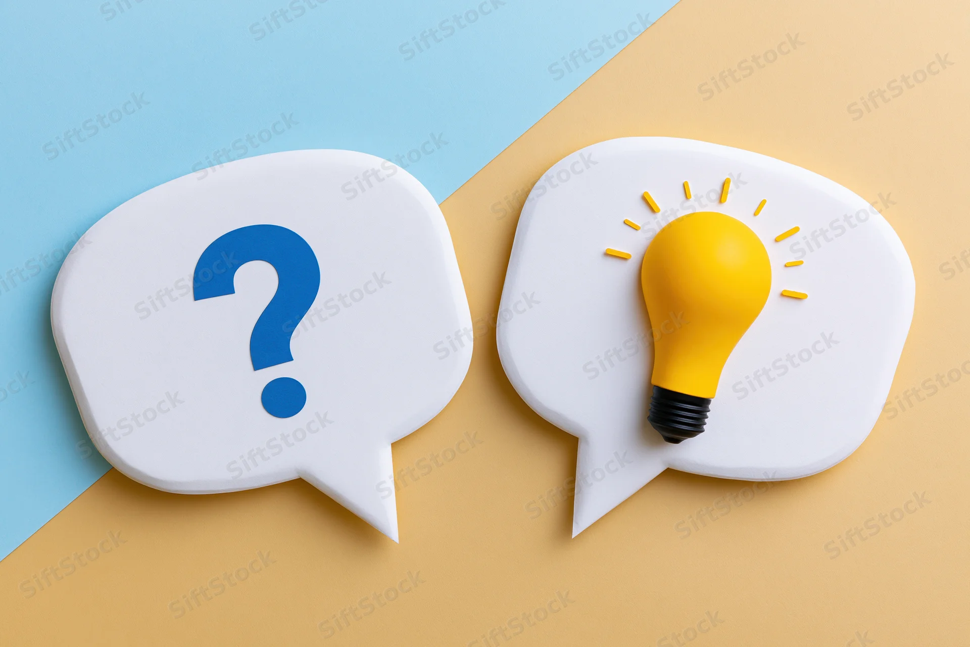 Two white speech bubbles with a blue question mark and a yellow lightbulb on a split blue and beige background