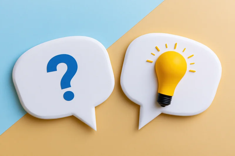 Two white speech bubbles with a blue question mark and a yellow lightbulb on a split blue and beige background