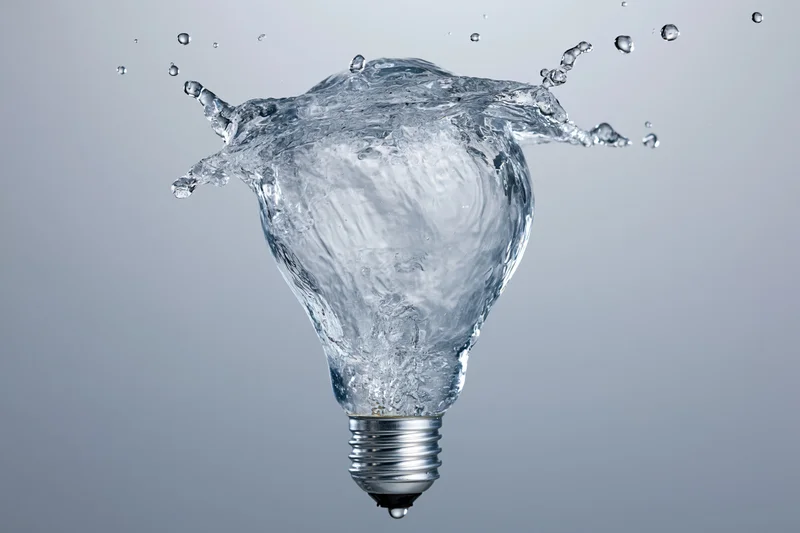 Water splashing in the shape of a light bulb frozen mid-motion against a gray background
