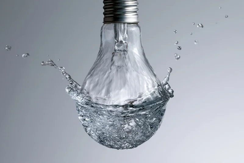 Water splashing in the shape of a light bulb frozen midair against a gray background