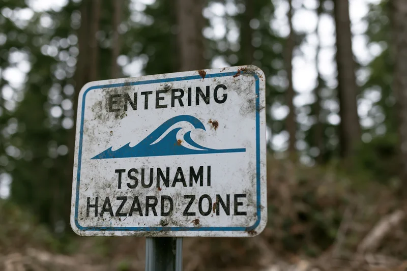 Weathered tsunami hazard zone warning sign mounted in a forested area