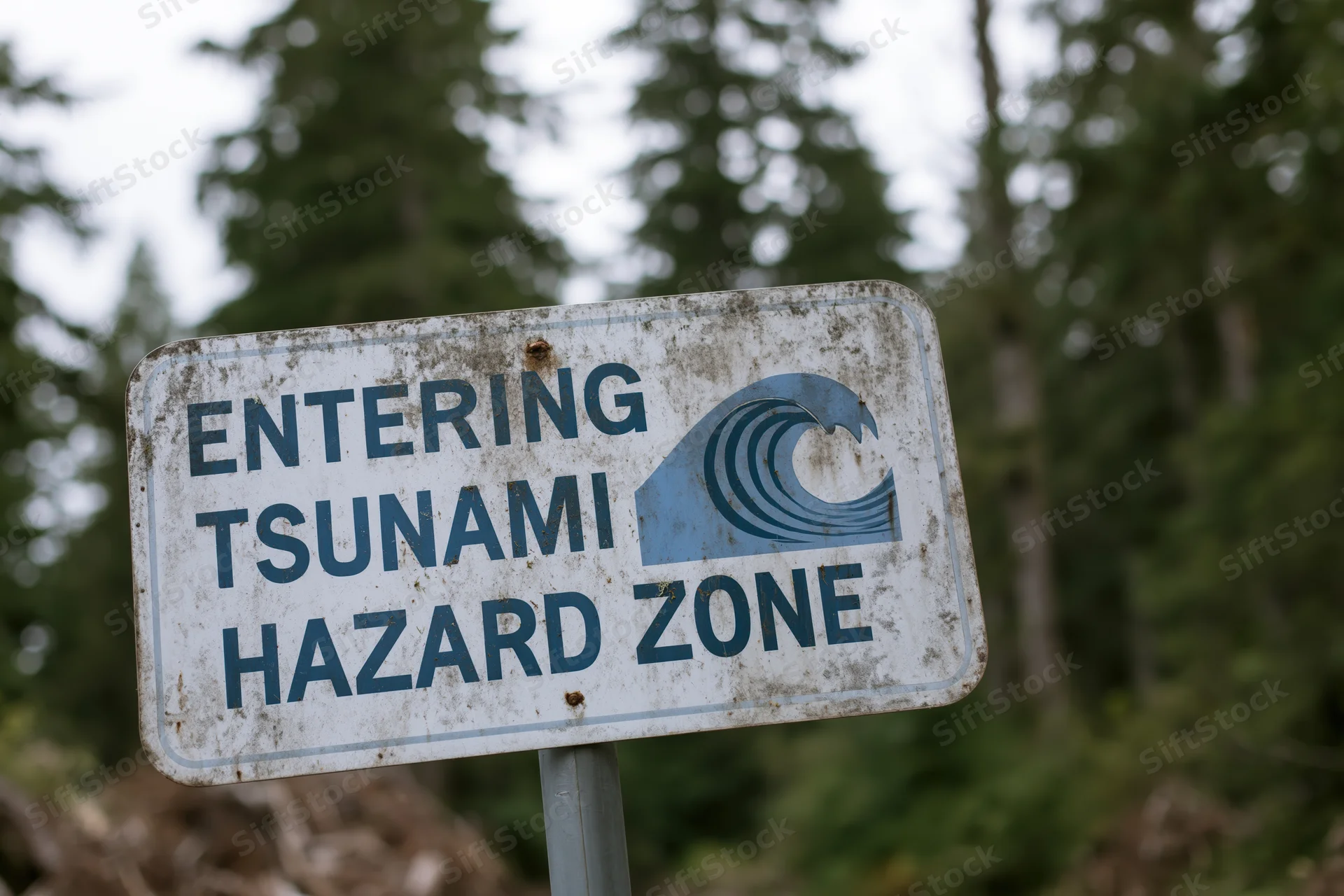 Weathered tsunami hazard zone warning sign mounted in a forested area