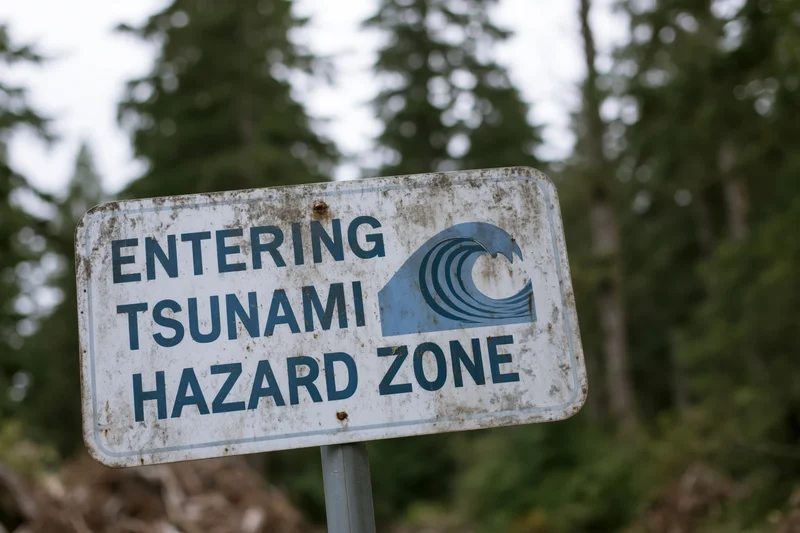 Weathered tsunami hazard zone warning sign mounted in a forested area